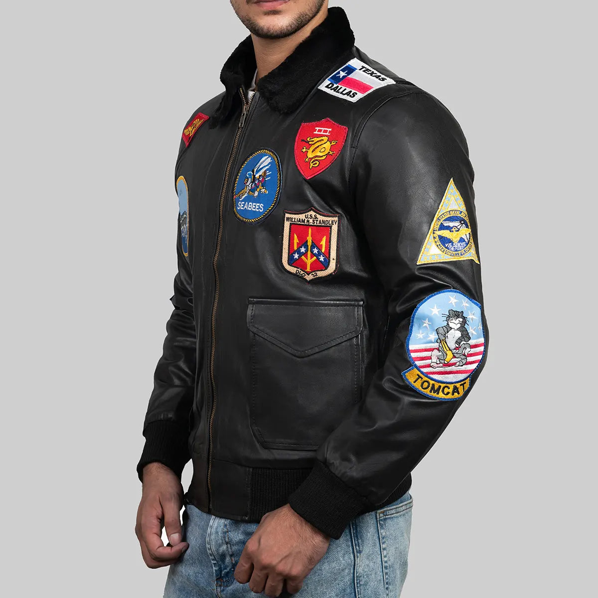 Lush Gear Top Gun Maverick bomber jacket in black leather with military patches and zipper front
