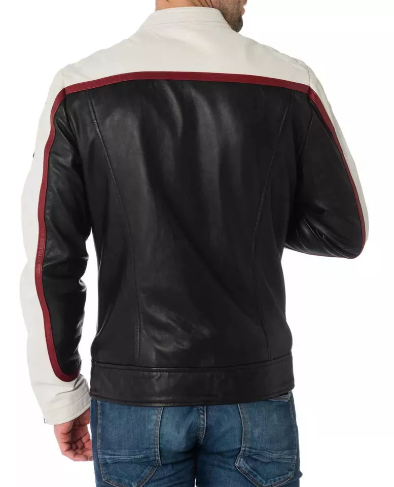 Trendy Men's Genuine Sheepskin Leather Jacket Biker Black & White Luxury Fashion shown from back