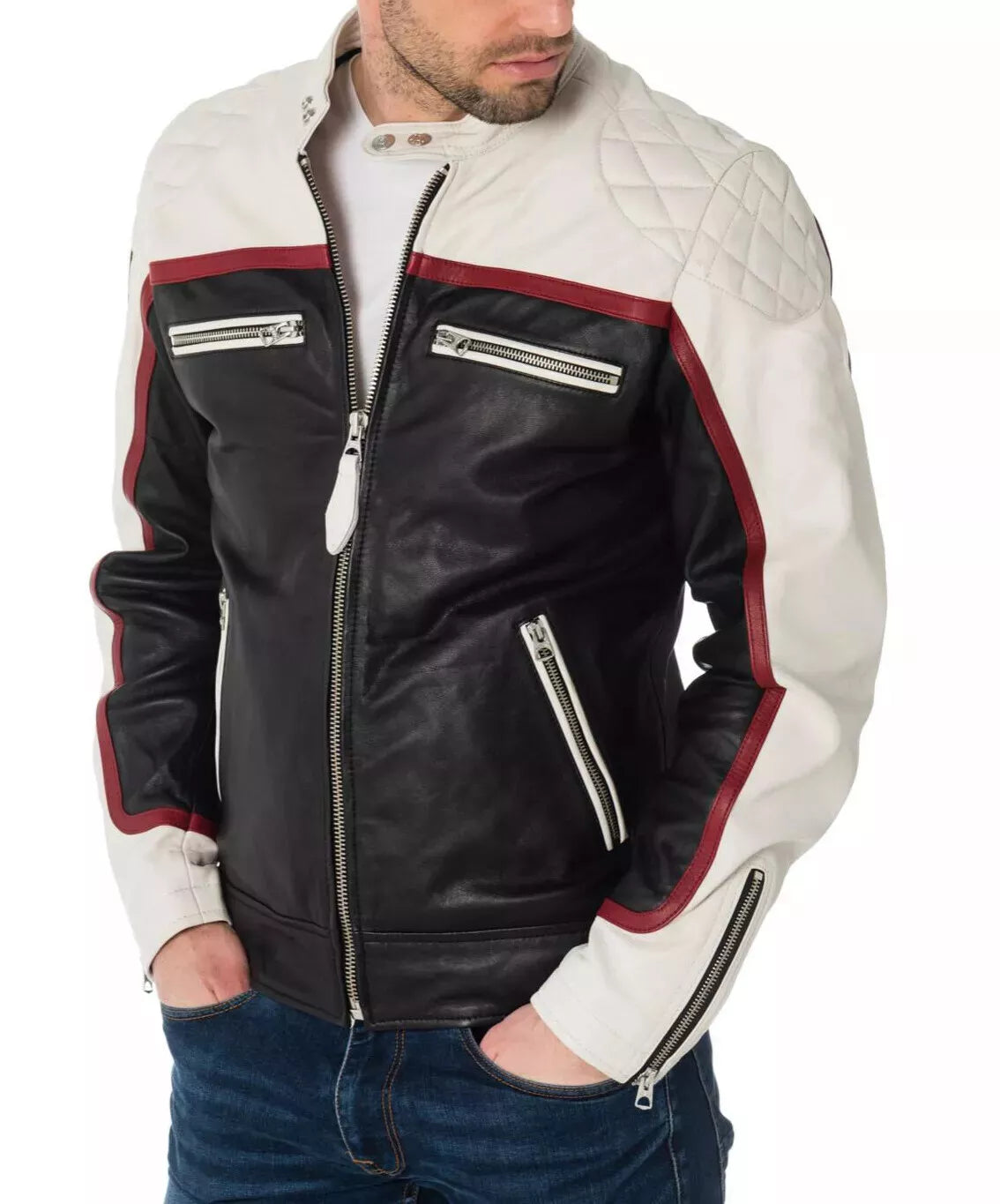 Trendy Men's Genuine Sheepskin Leather Jacket Biker Black and White Luxury Fashion with zipper pockets