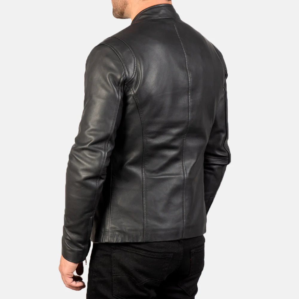 Lush Gear fitted black leather jacket for men back view slim cut stitched panels ideal for casual and moto style
