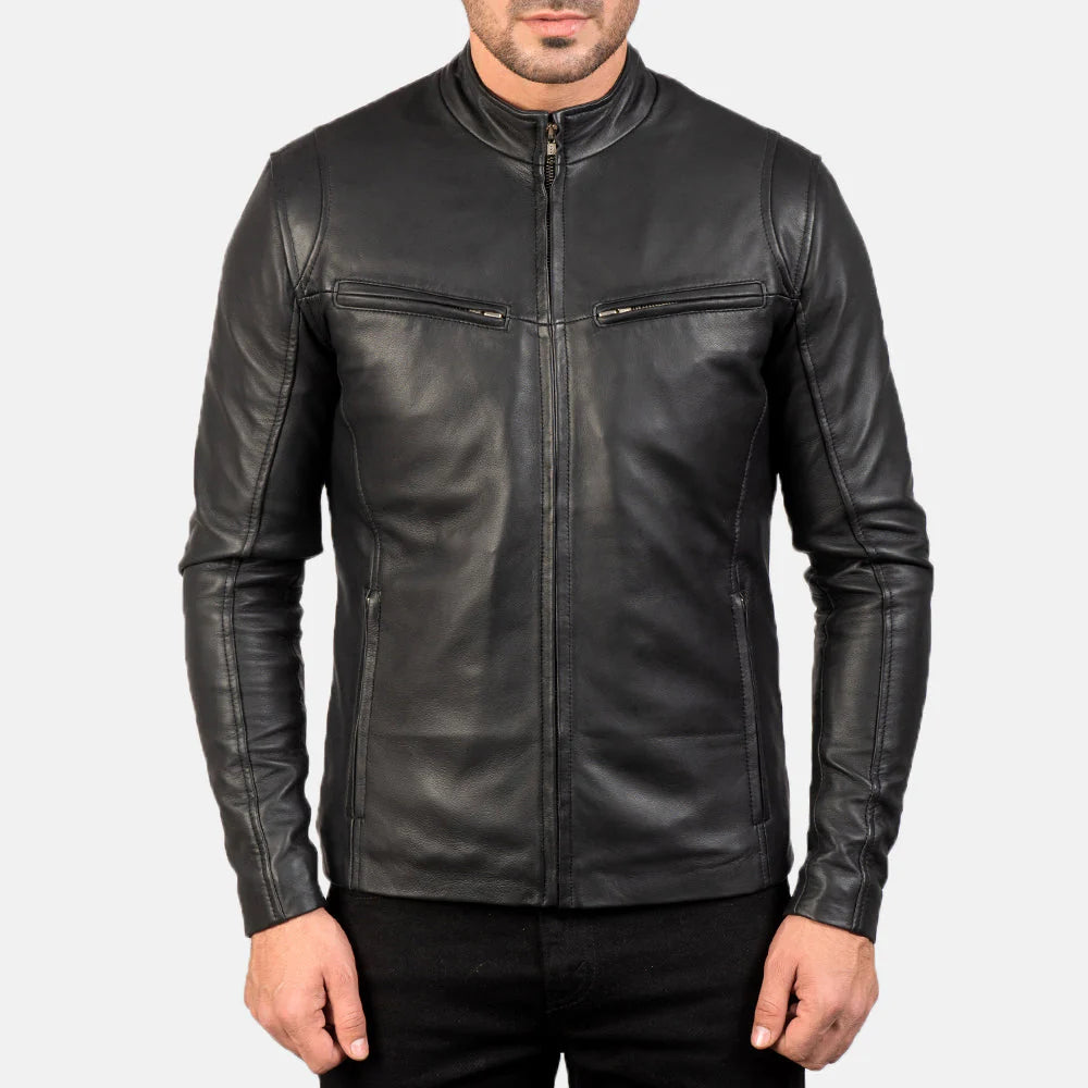 Lush Gear black leather jacket for men slim fit zip front stand collar with zip chest pockets