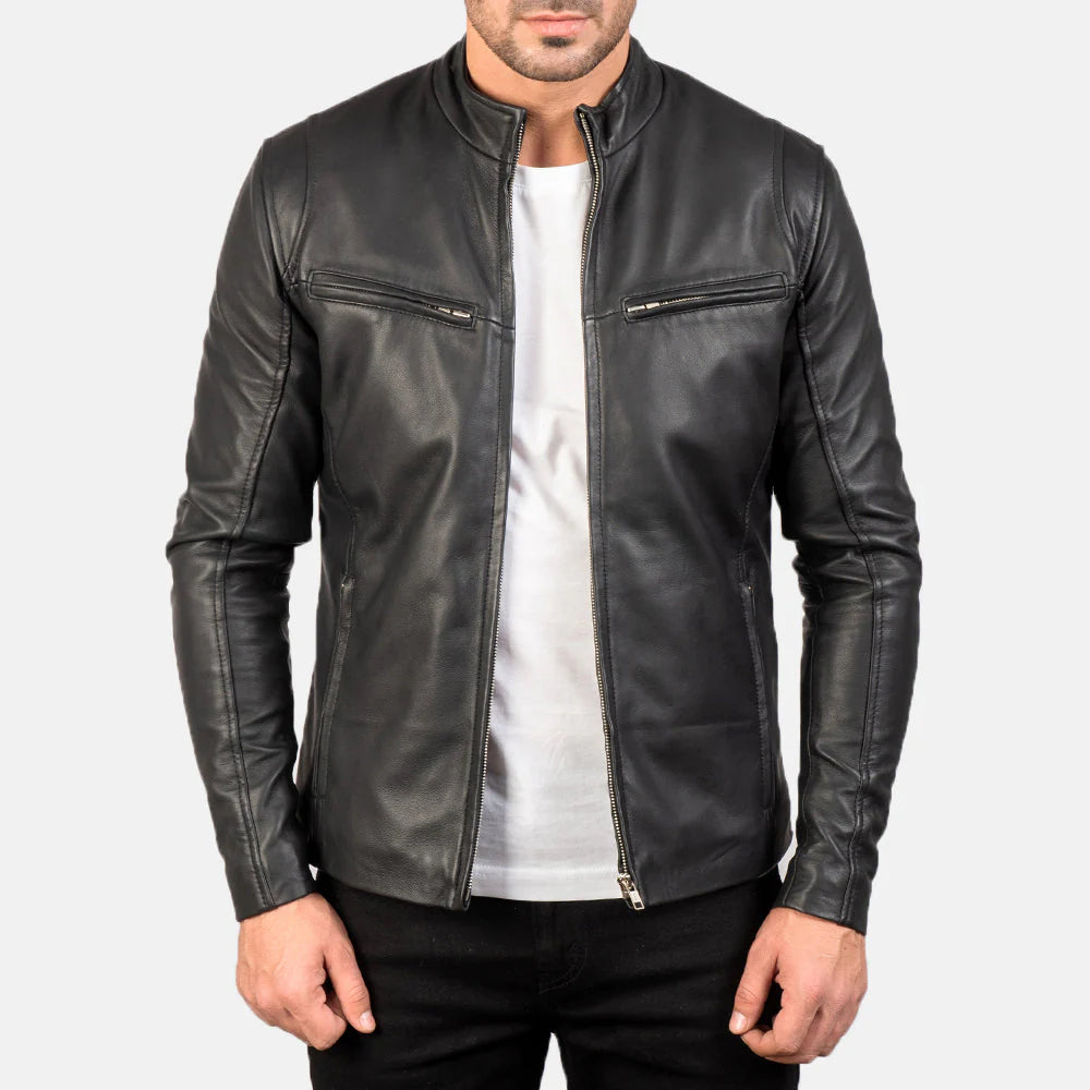 Lush Gear black leather jacket for men slim fitted zip front with stand collar and chest zip pockets