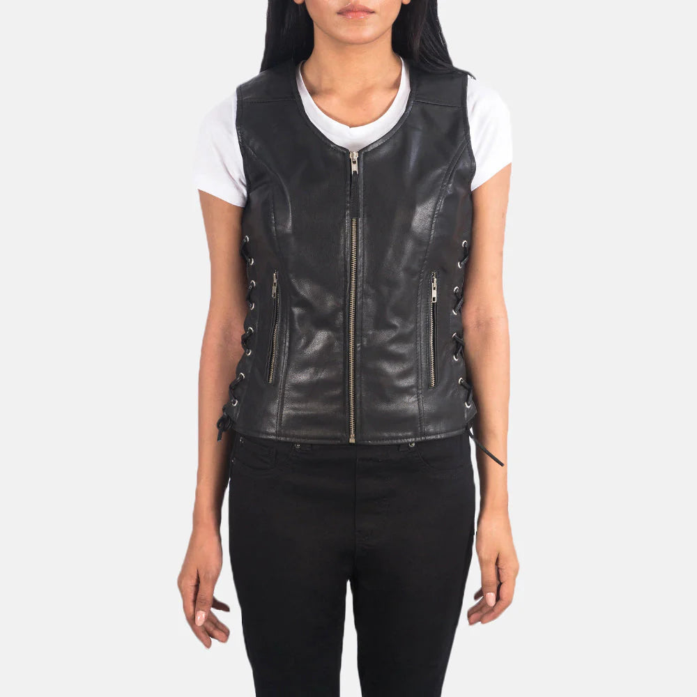 Vanda Black Leather Biker Vest by Lush Wear, sleeveless with front zipper and side lace-up details
