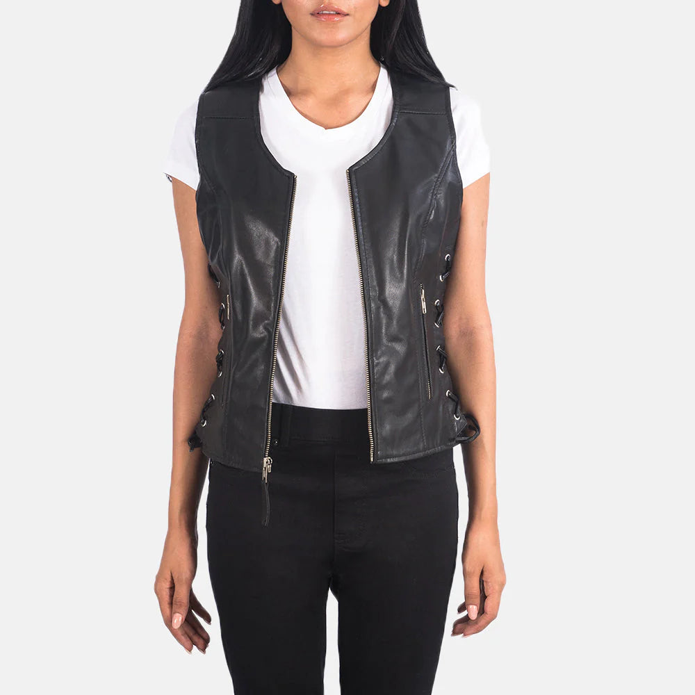 Vanda Black Leather Biker Vest by Lush Gear worn over white t-shirt with side zipper details