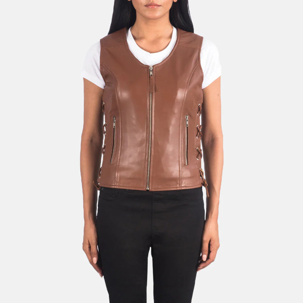 Vanda Brown Leather Biker Vest with front zipper and side lacing worn over white shirt