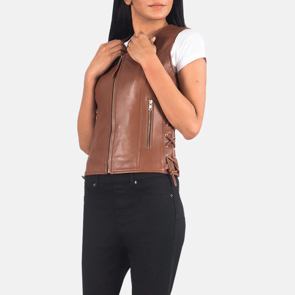 Vanda Brown Leather Biker Vest with front zipper and side lace-up detail styled on a woman