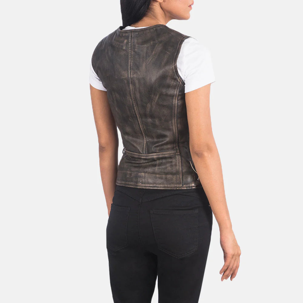Back view of Vanda Distressed Brown Leather Biker Vest by Lush Gear worn over white t-shirt