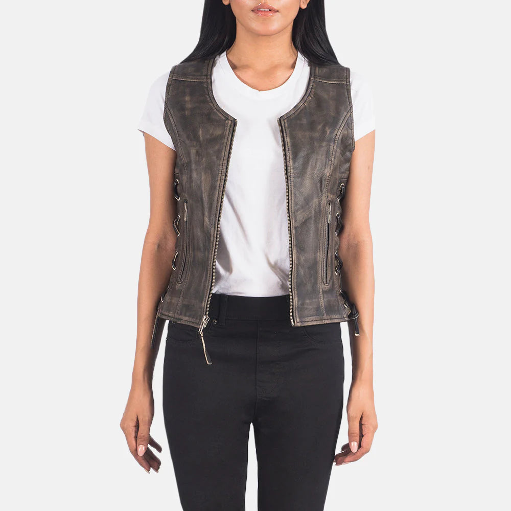Vanda Distressed Brown Leather Biker Vest by Lush Gear worn over white t-shirt