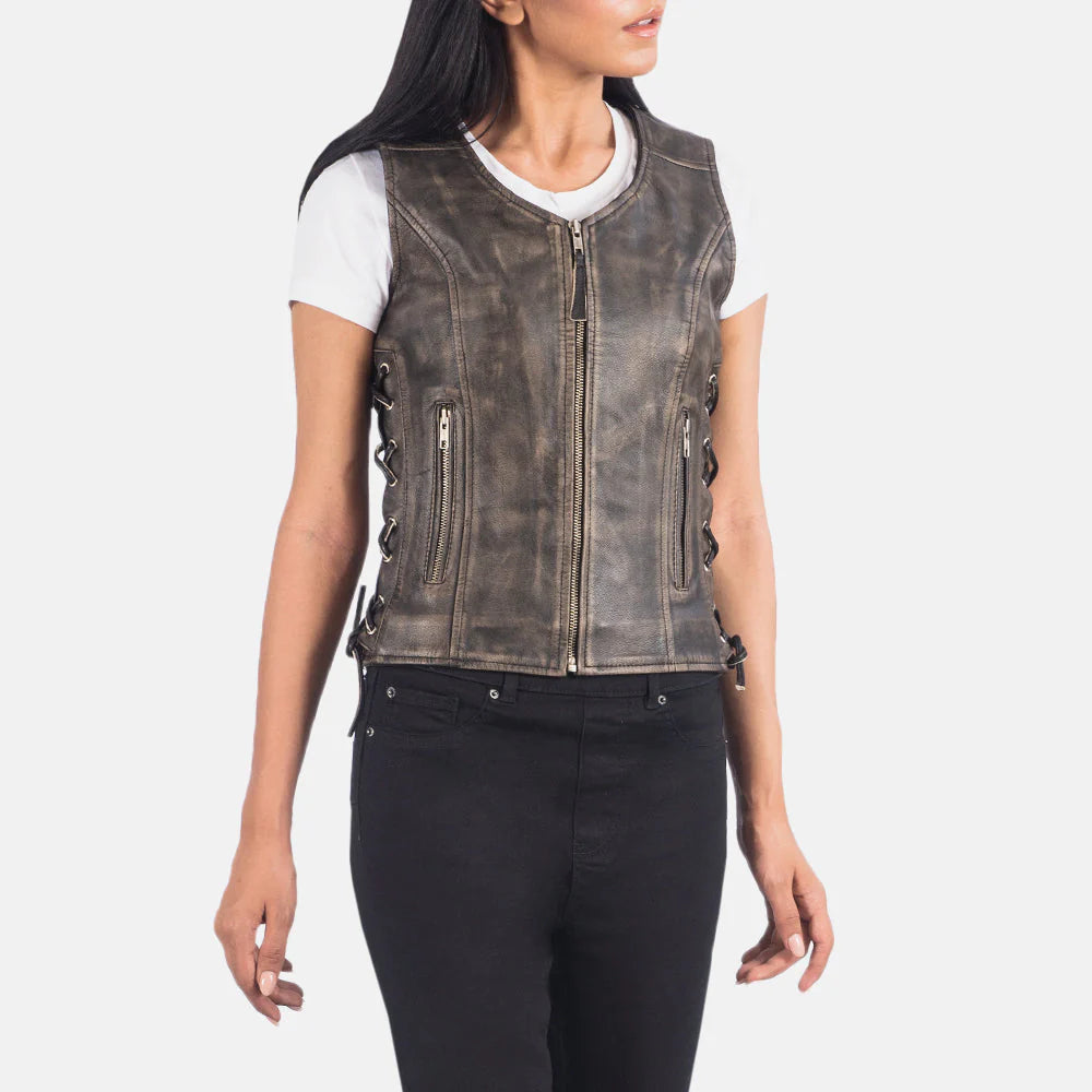 Woman wearing Vanda Distressed Brown Leather Biker Vest with front zipper and side lace-up details