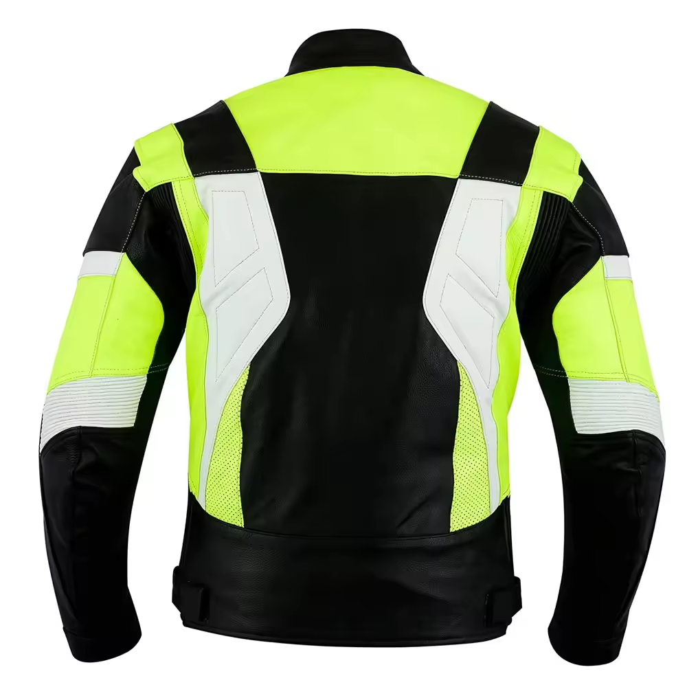 Lush Gear high visibility motorcycle jacket in neon yellow black and white shown from back