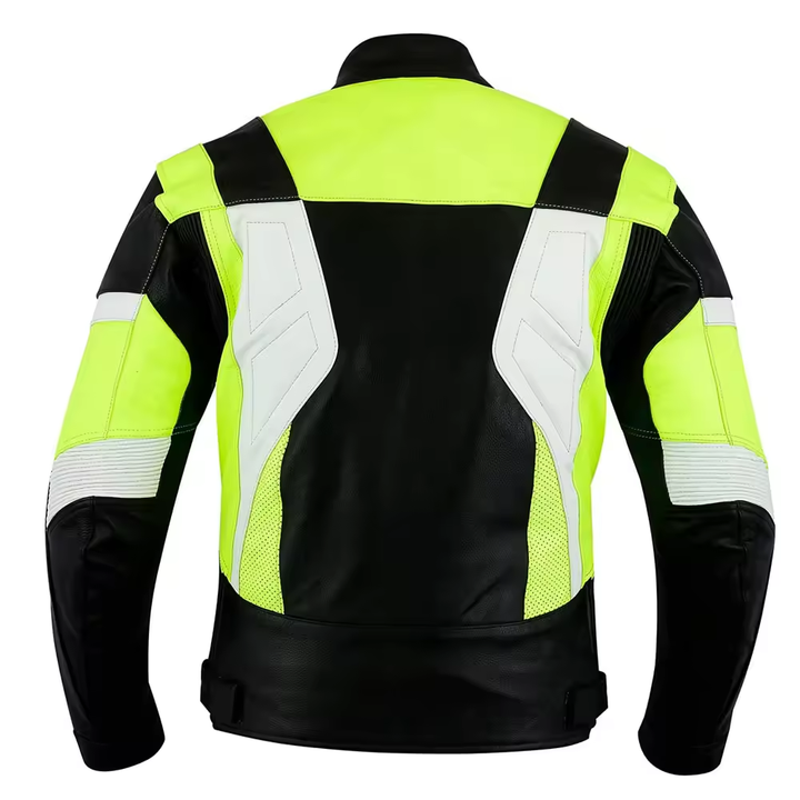 Lush Gear high visibility motorcycle jacket in neon yellow black and white shown from back