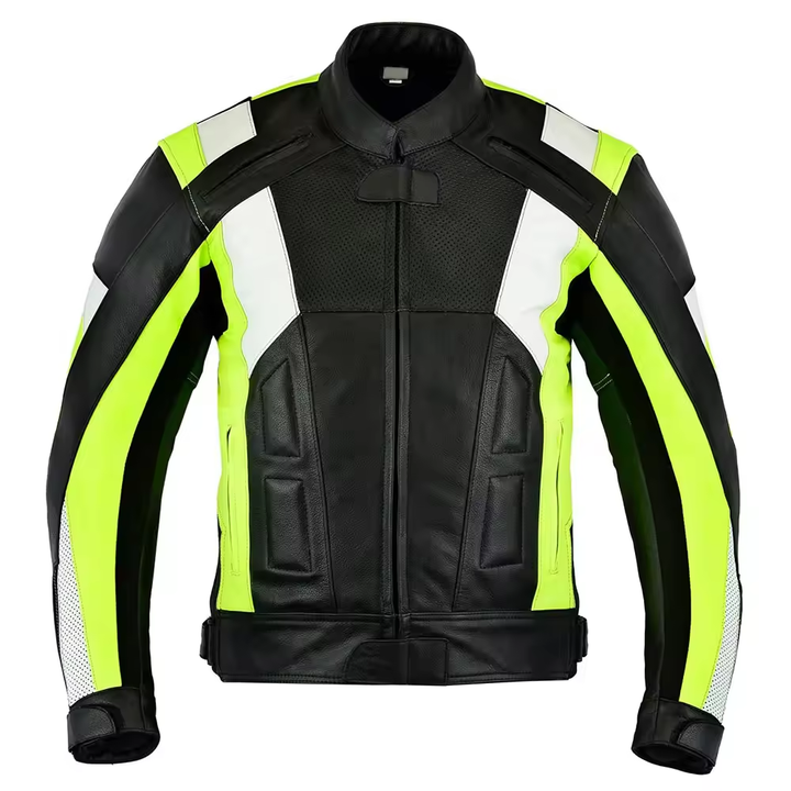 Lush Gear high visibility motorcycle jacket in black with neon yellow and white safety panels