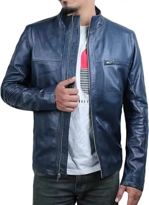 Lush Wear vintage blue leather motorcycle jacket with front zipper and stand collar for men