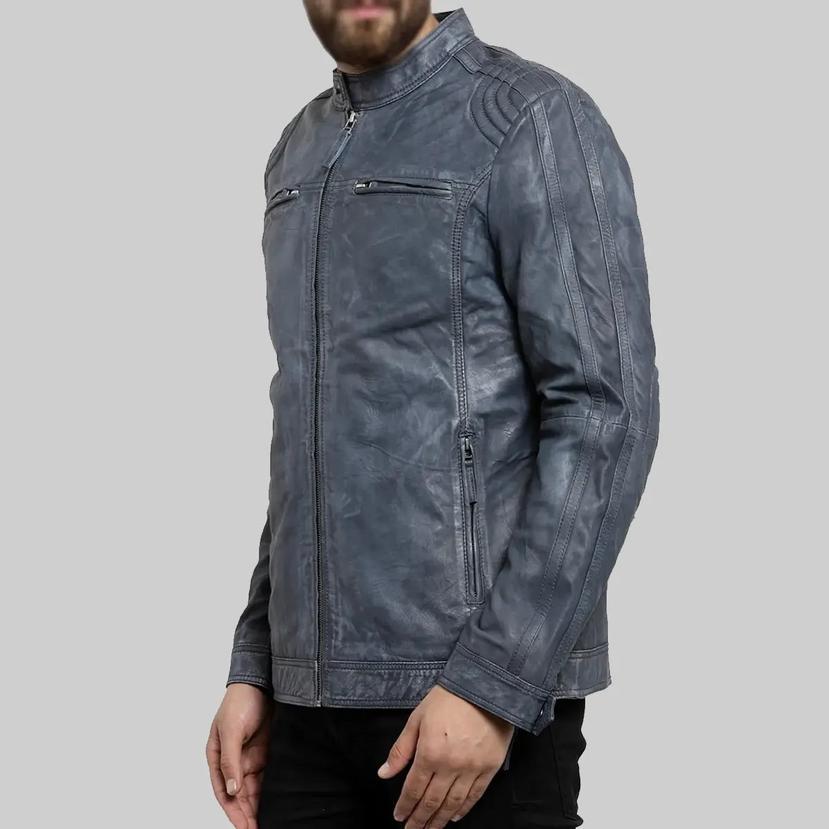 Lush Gear vintage style blue leather biker jacket with zippered pockets and quilted shoulder detailing