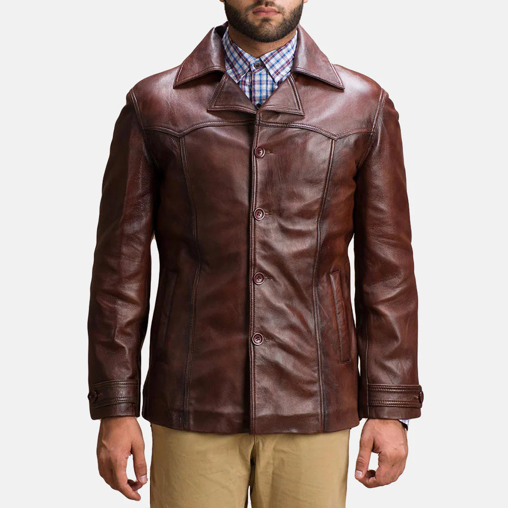 Men's vintage style brown leather jacket by Lush Wear with button closure and classic collar