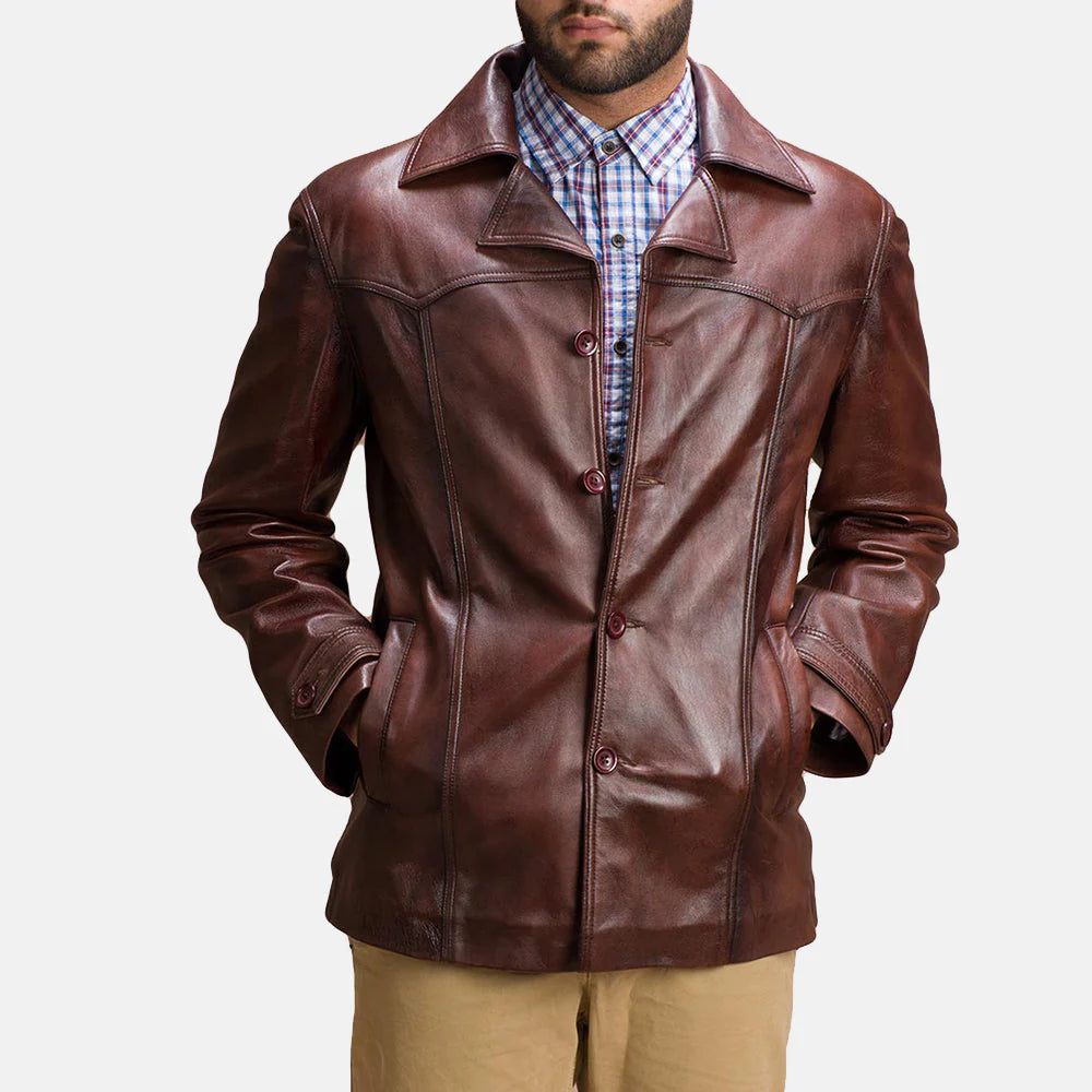 Lush Wear vintage style brown leather jacket buttoned up on male model with plaid shirt