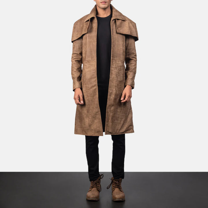 Lush Gear vintage western duster jacket in brown suede worn by male model with black shirt and pants