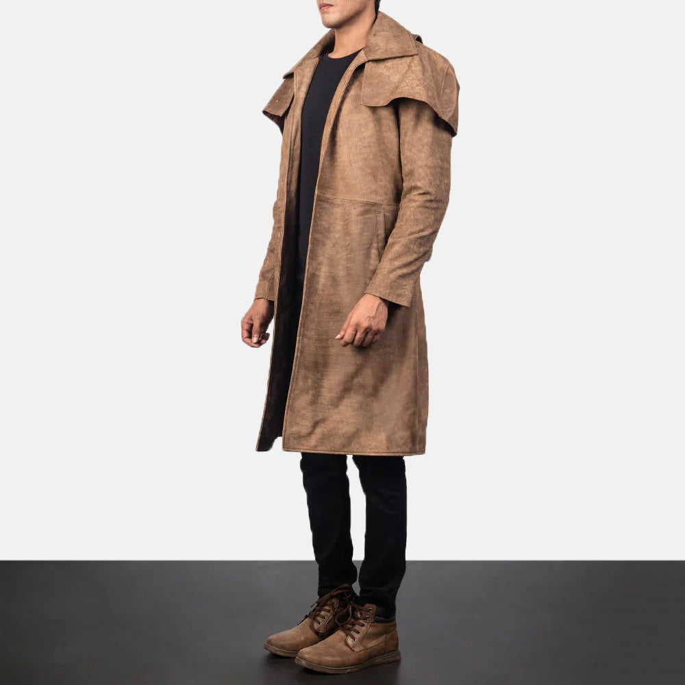 Lush Gear vintage western duster jacket in brown suede styled with black pants and boots