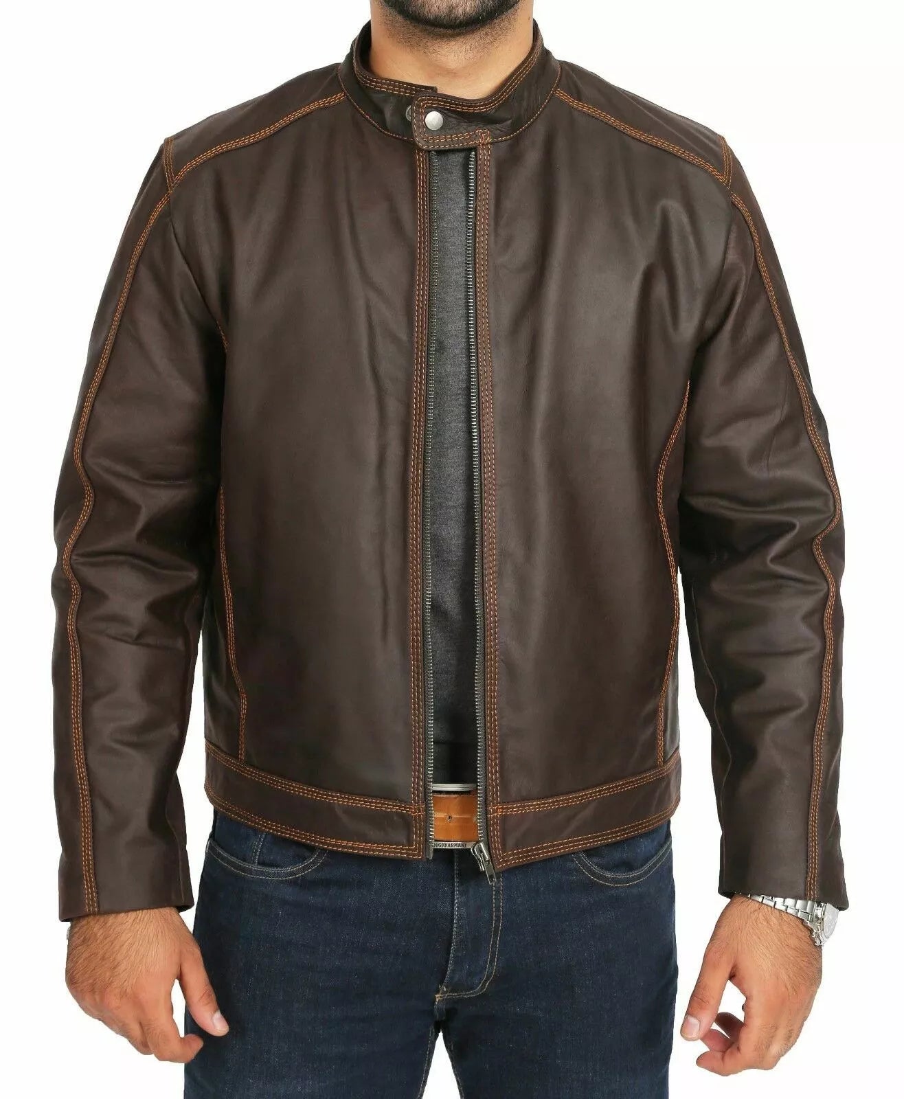 Lush Gear waxed cowhide motorcycle jacket in dark brown with detailed stitching and front snap collar
