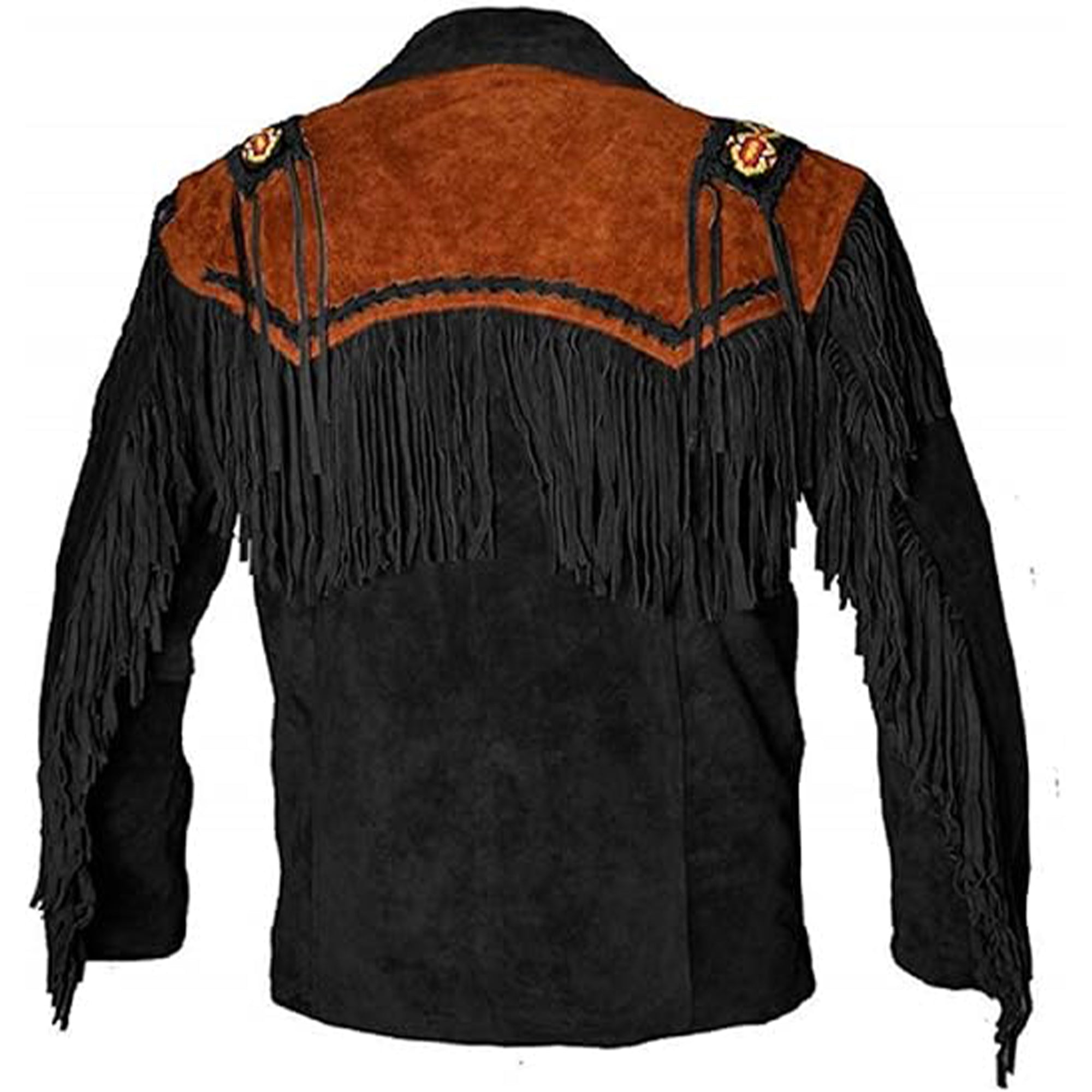 Lush Gear western leather jacket for men in black with brown yoke and long fringe detailing