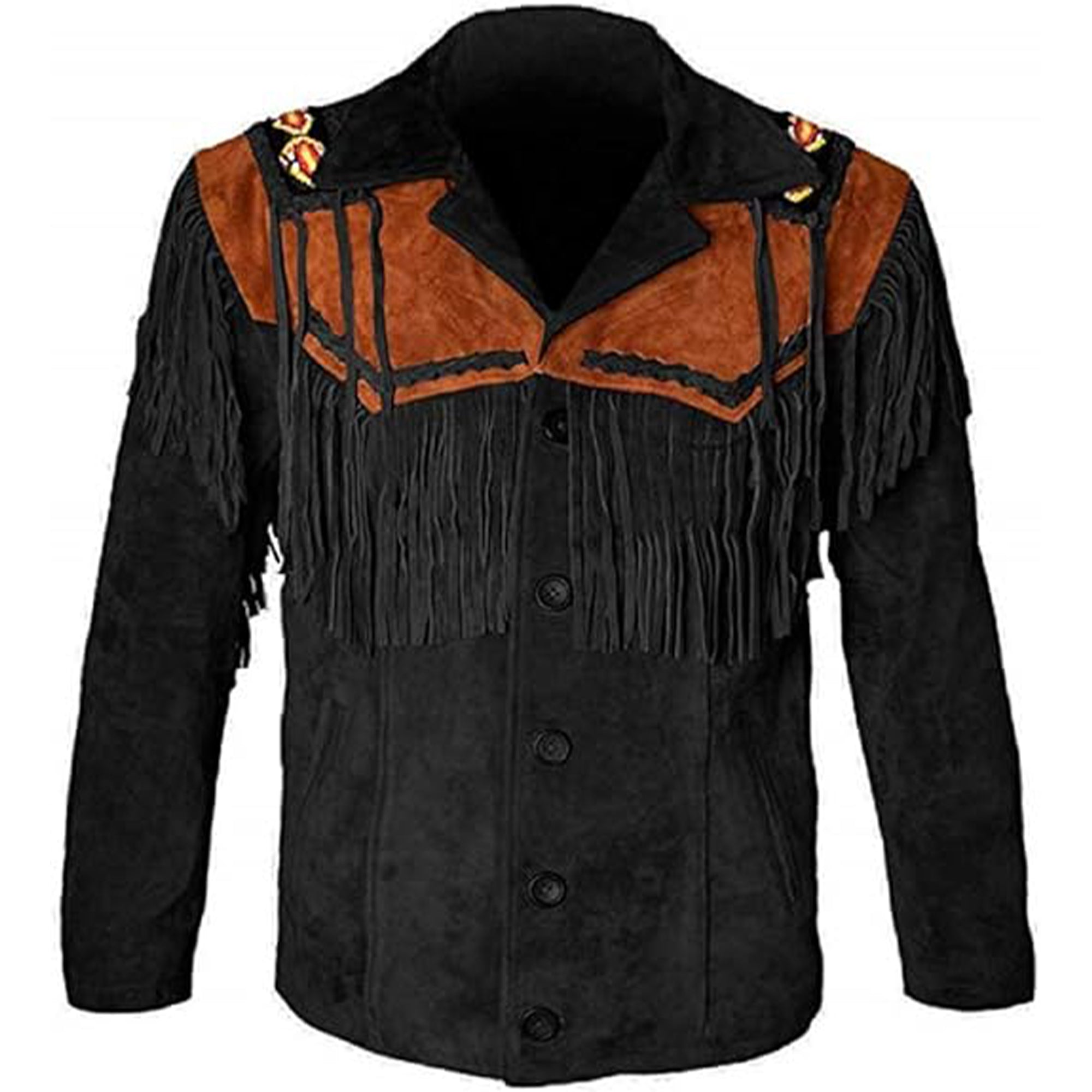 Lush Gear western leather jacket for men in black with brown accents and fringe detailing