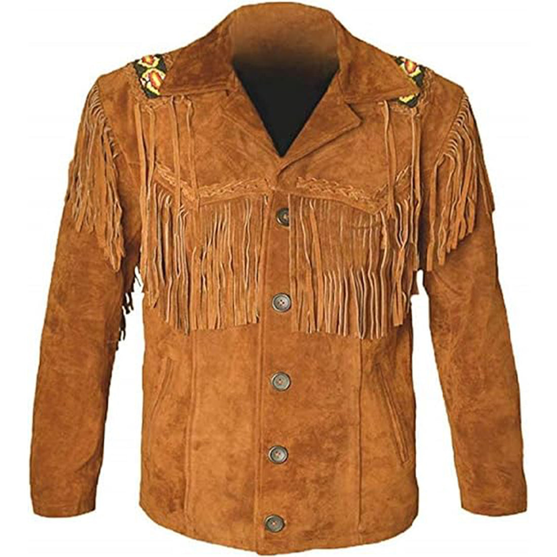 Brown suede western leather jackets for men with fringe detailing and button closure by Lush Gear