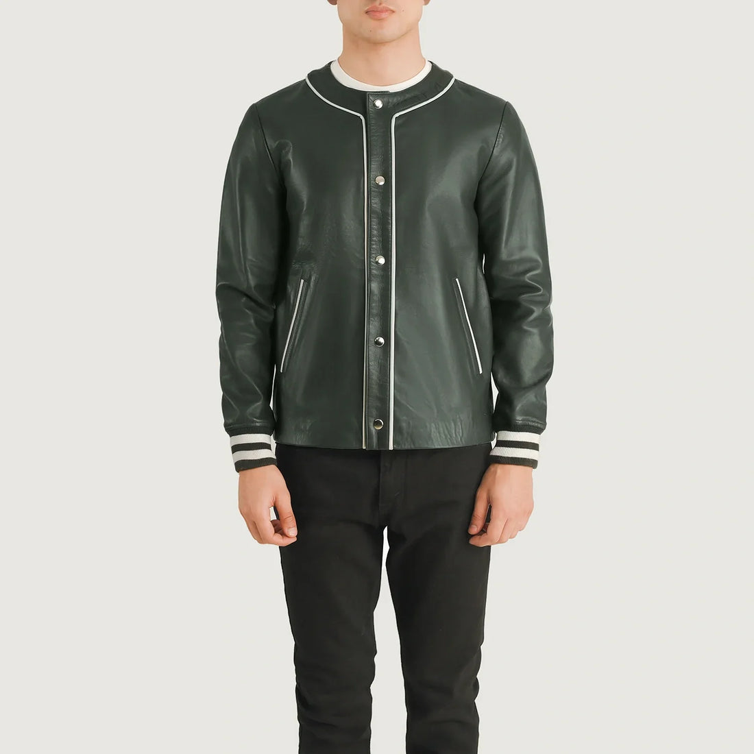 Willis varsity jacket for sale leather style with white trim and snap buttons modeled on a man