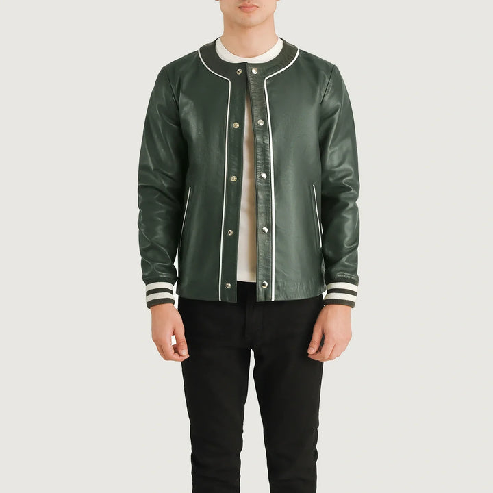 Willis varsity jacket for sale in dark green leather with white trim and striped cuffs by Lush Wear