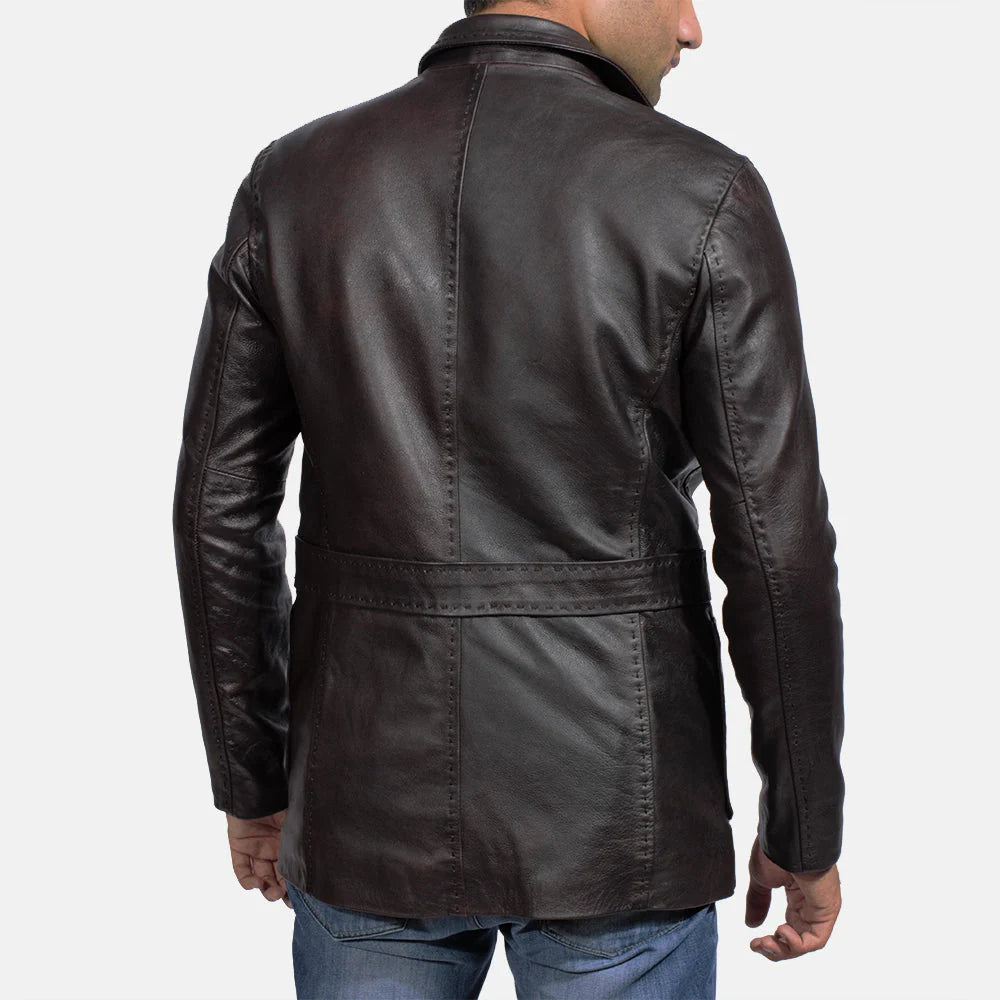 Back view of a man wearing a wine leather blazer for men from Lush Gear with detailed stitching