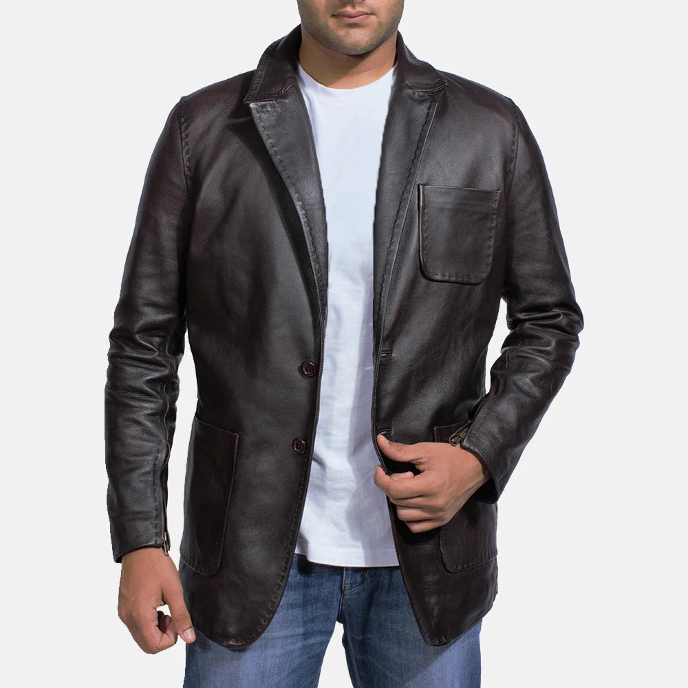 Lush Gear wine leather blazer for men styled with white t-shirt and blue jeans featuring front buttons and pockets