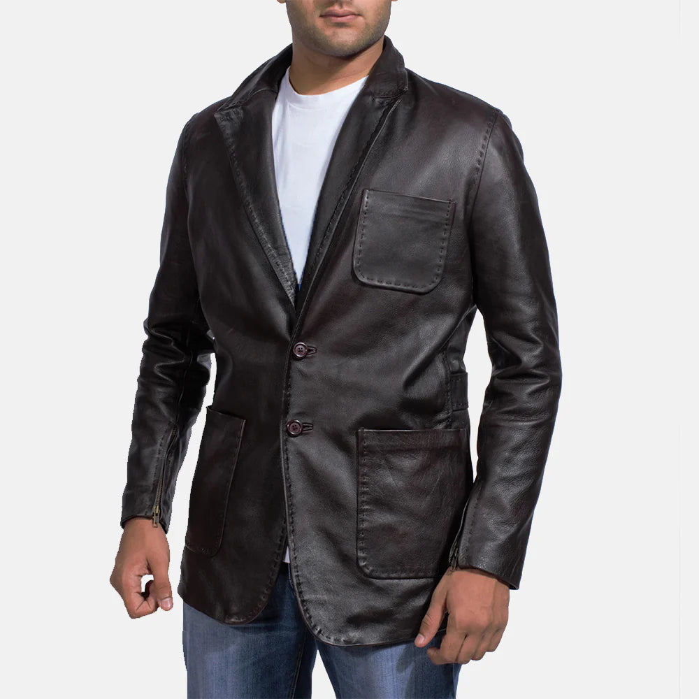 Lush Gear wine leather blazer for men with front pockets and a two-button closure