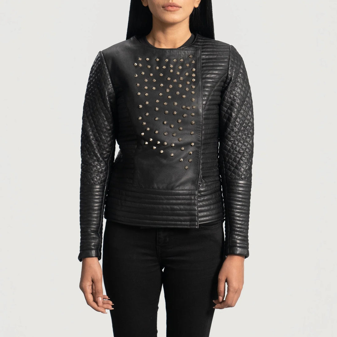 Lush Gear women's biker leather jacket in black with studded front and quilted sleeves