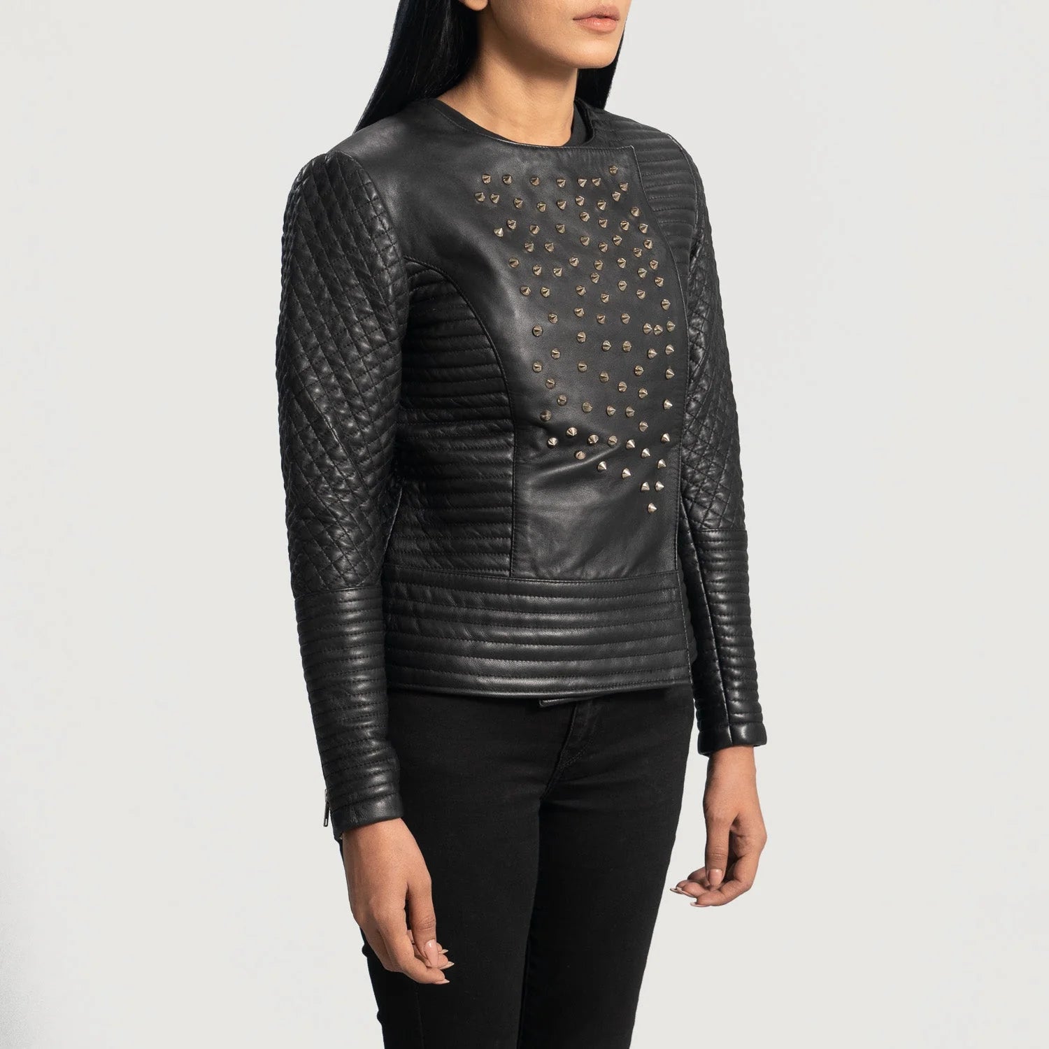 Lush Gear women's biker leather jacket in black with quilted sleeves and studded front panel