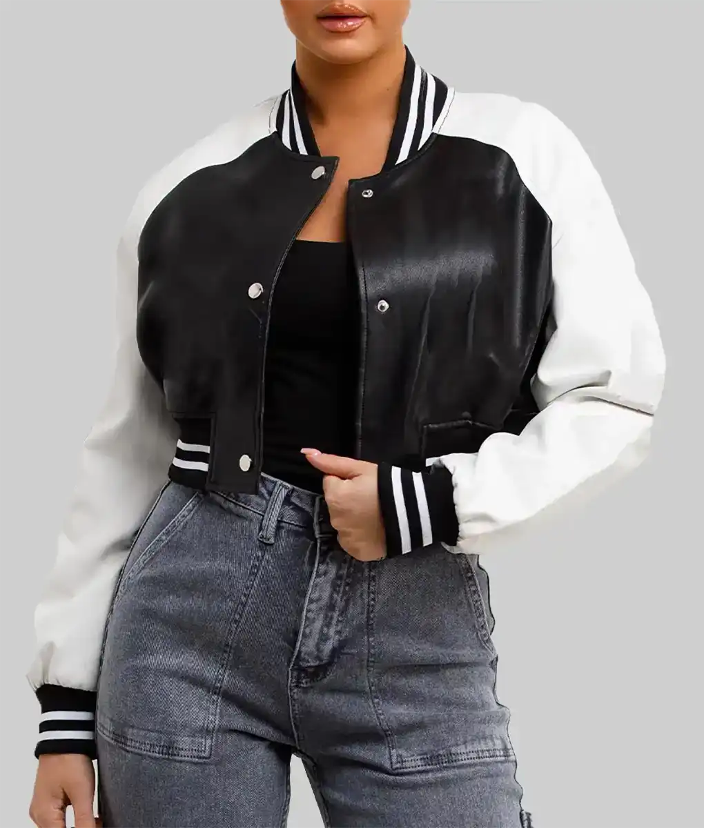 Lush Gear women's black and white varsity jacket with striped collar and cuffs styled with high waist jeans