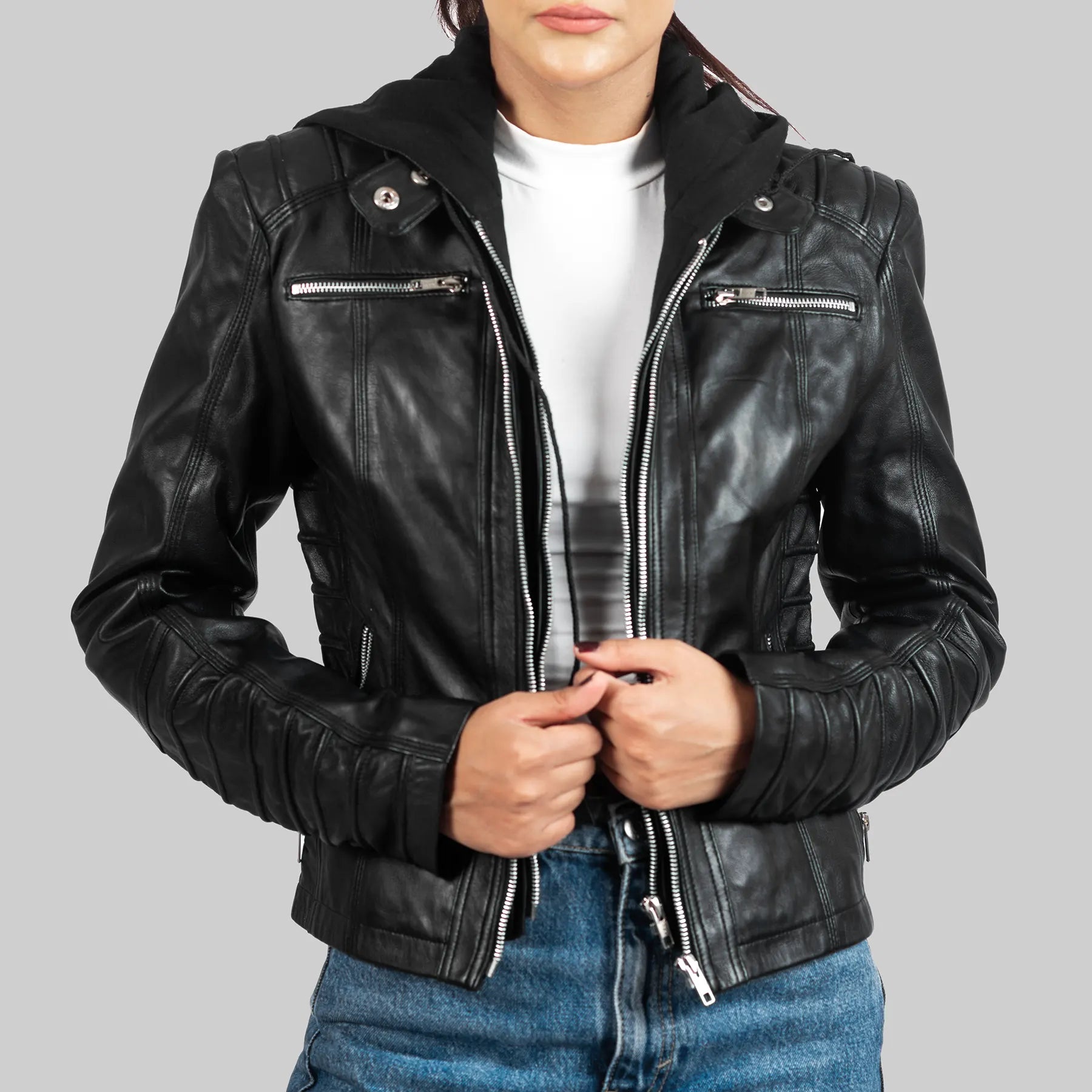 Lush Gear women's black biker leather jacket with zippered pockets and quilted sleeves