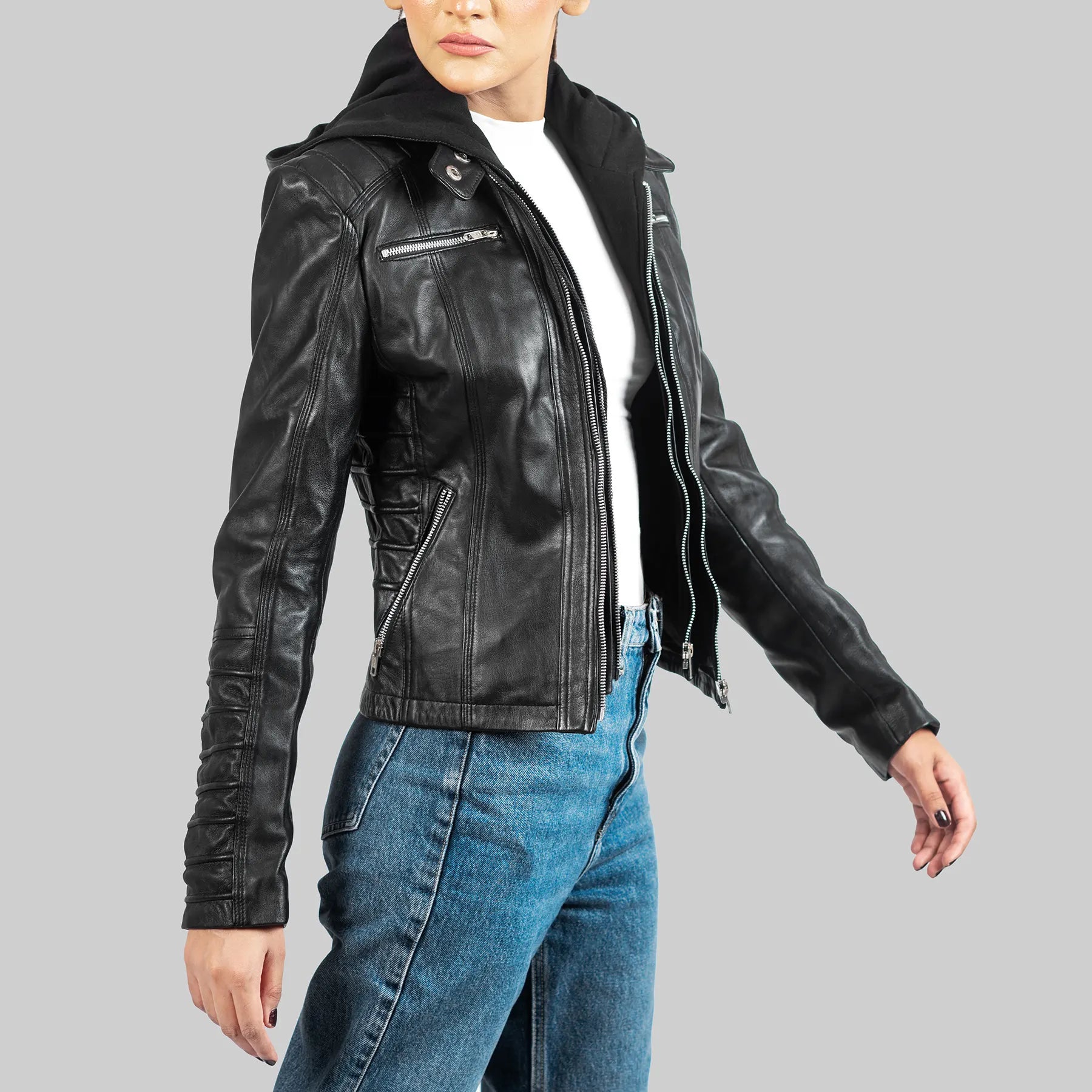 Lush Gear women's black biker leather jacket with zipper pockets and fitted design