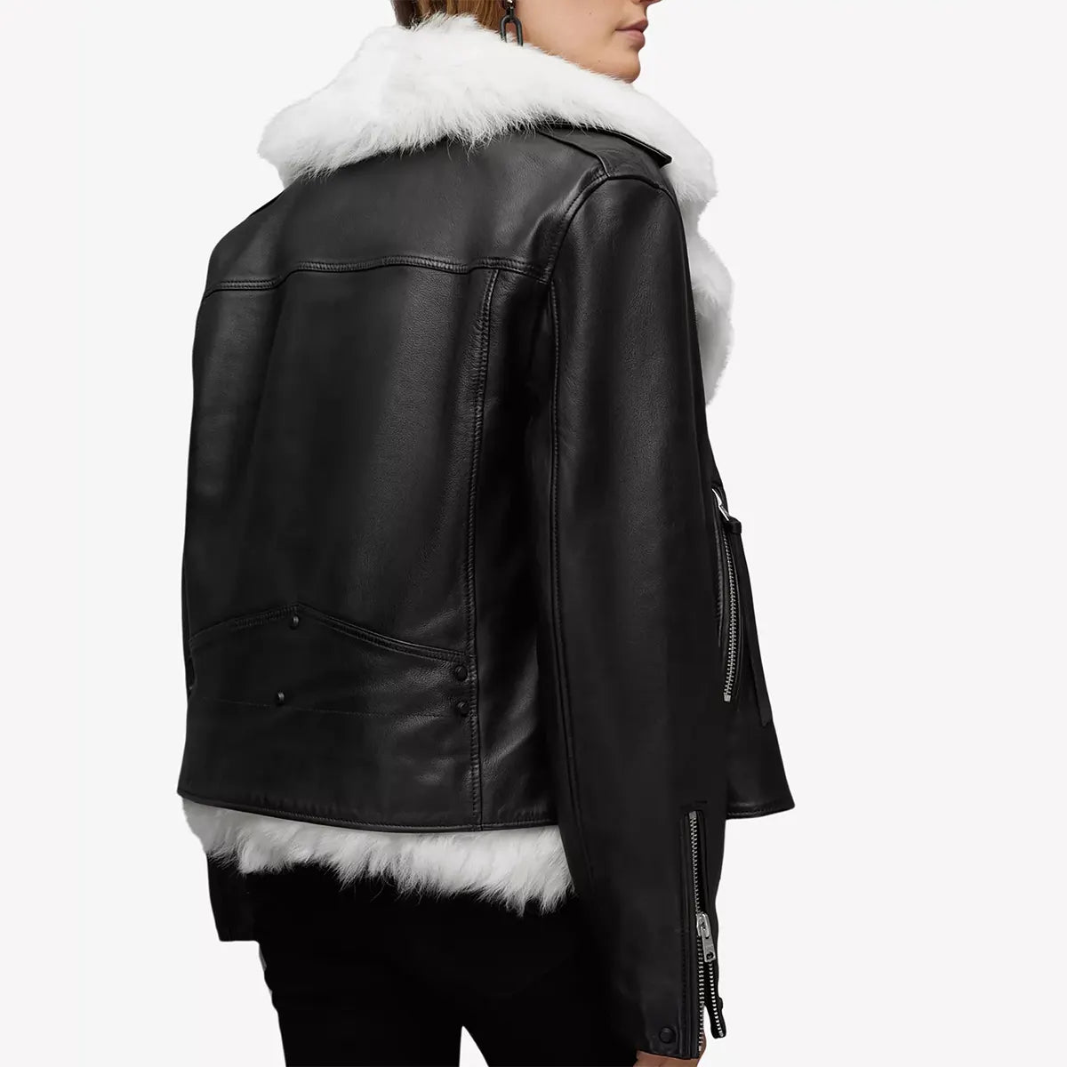 Lush Gear women's black bomber leather jacket with white fur collar and zipper details shown from the back