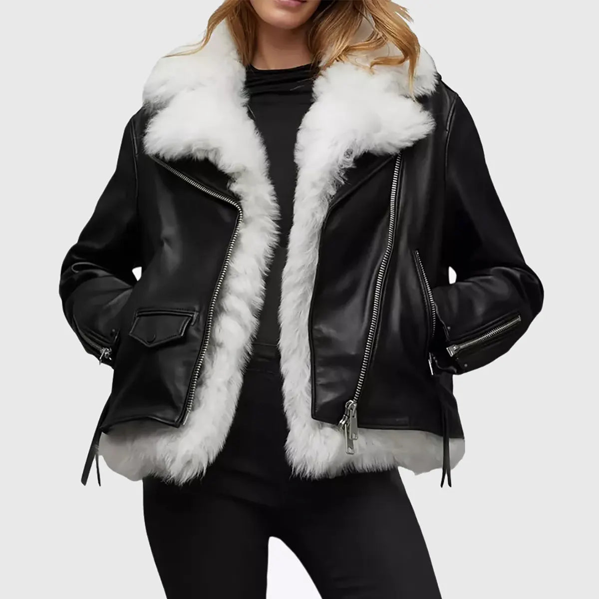 Lush Gear women's black bomber leather jacket with white fur collar and lining
