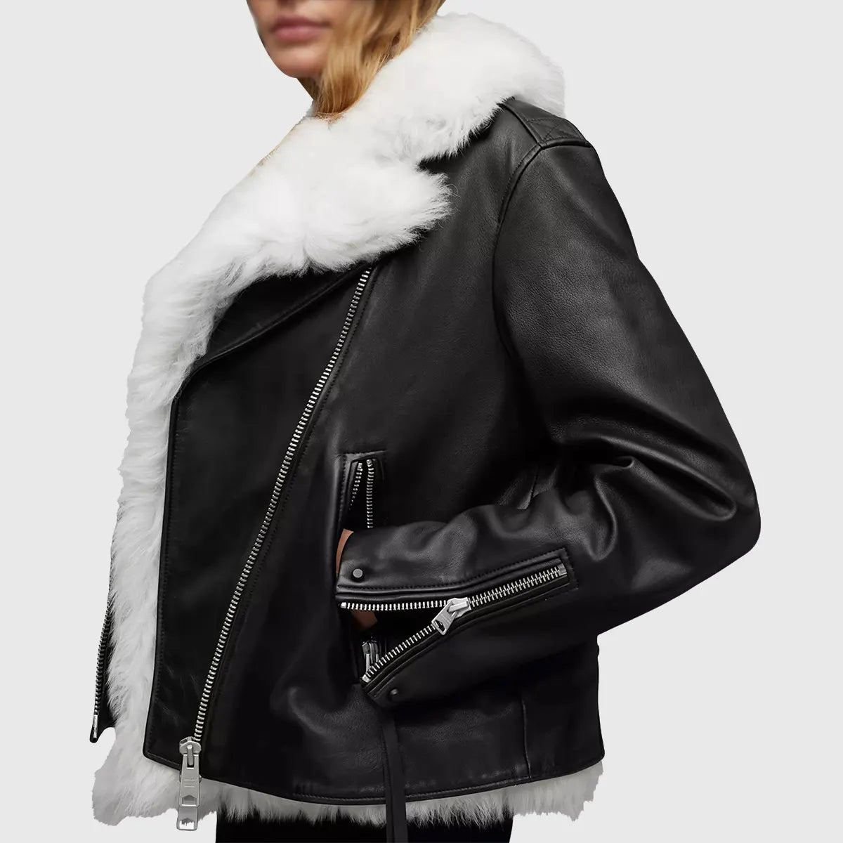 Lush Gear women's black bomber leather jacket with white faux fur collar and silver zipper details
