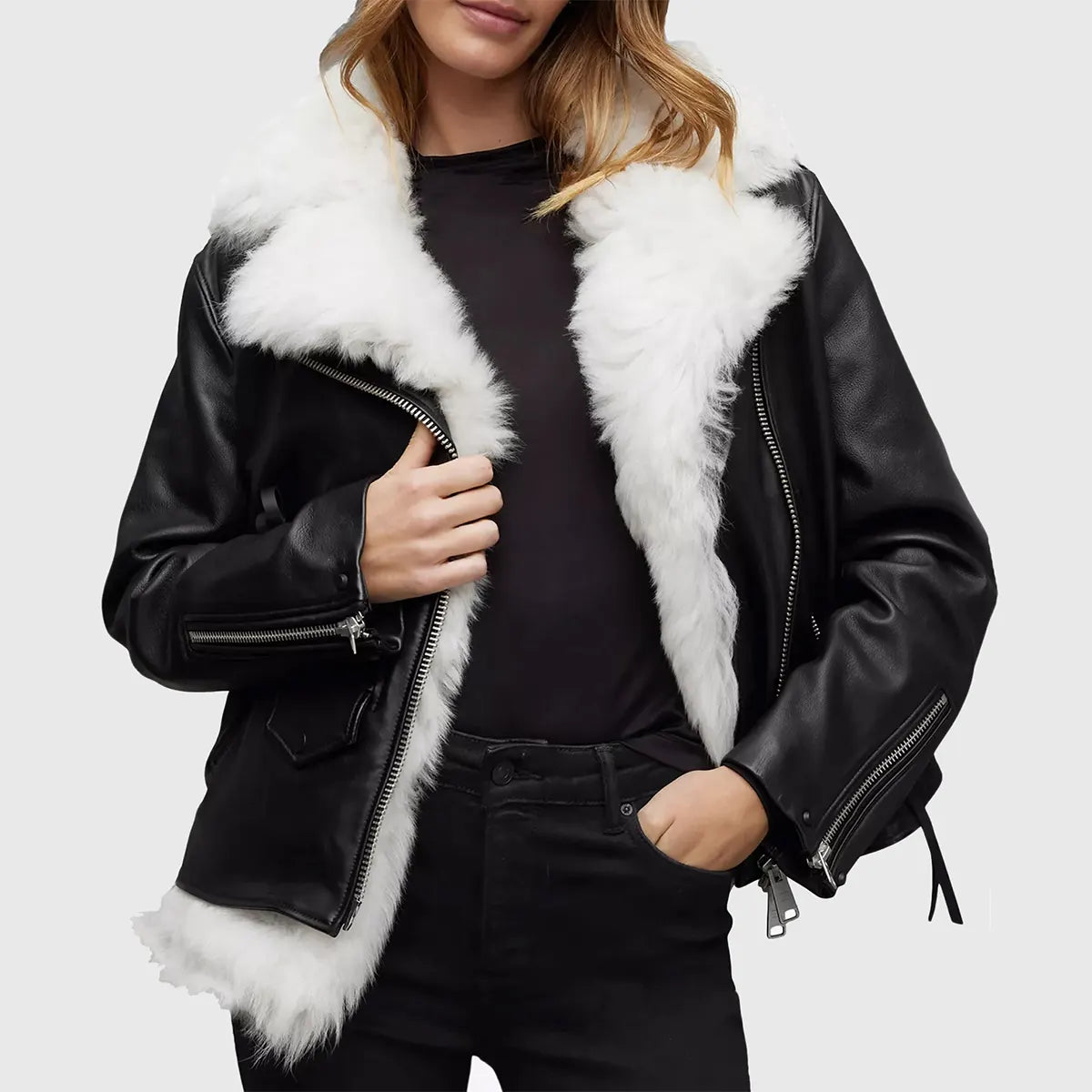 Lush Gear women's black bomber leather jacket with white faux fur collar and lining