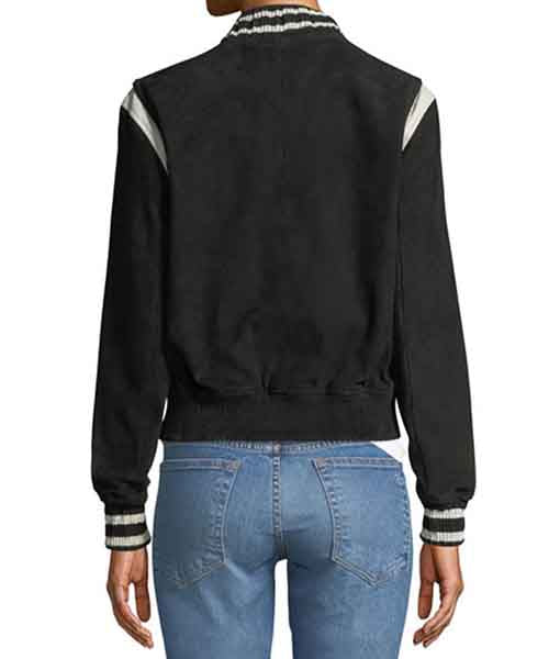 Back view of women's black fleece bomber jacket with striped cuffs and collar from Lush Gear