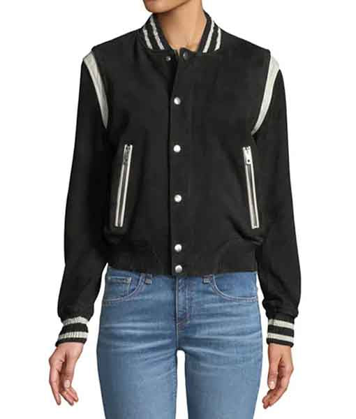 Lush Gear women's black fleece bomber jacket with striped cuffs and front zipper pockets