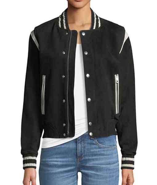 Lush Gear women's black fleece bomber jacket with striped collar and cuffs, front snap buttons, and zippered pockets