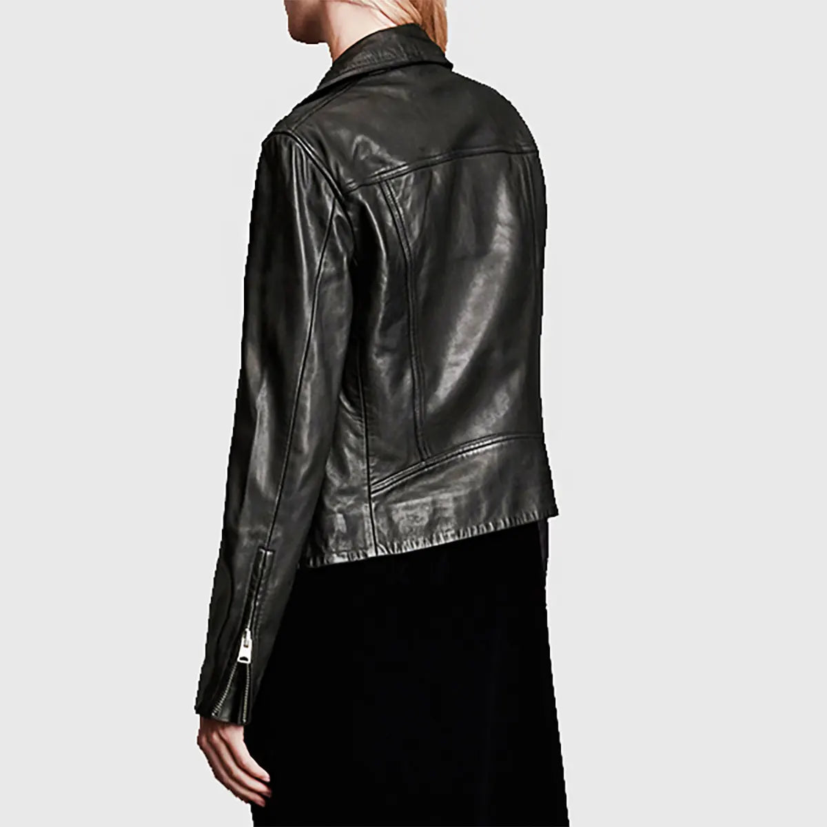 Back view of women's black leather biker jacket by Lush Gear with zippered sleeves