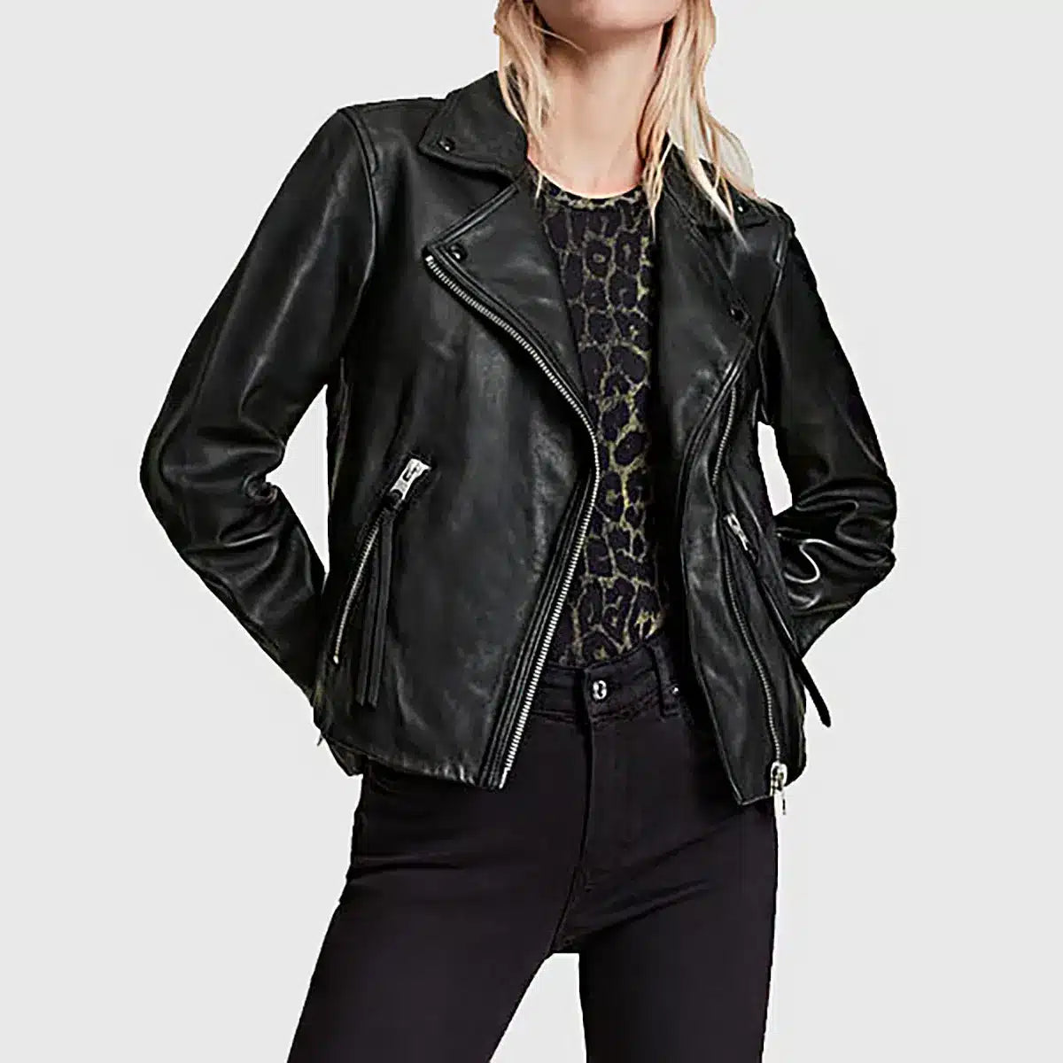 Lush Gear women's black leather biker jacket with zippered pockets and classic collar