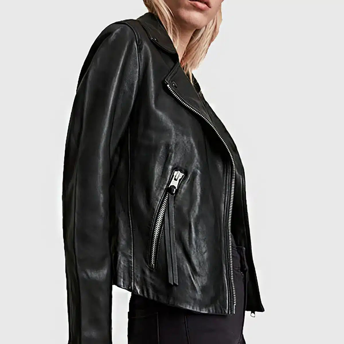 Lush Gear women's black leather biker jacket with zipper pockets and sleek design