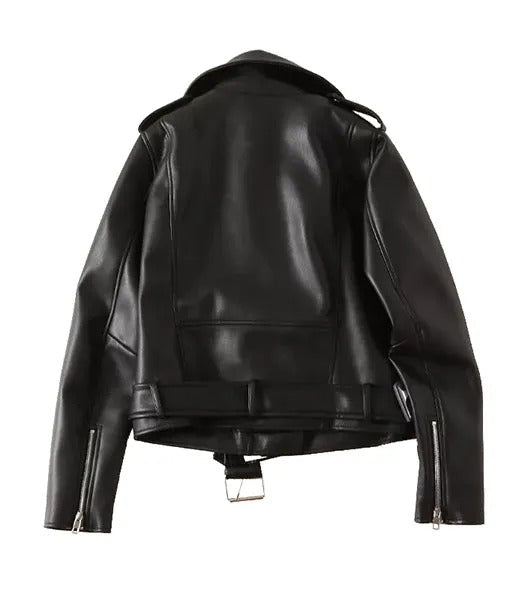 Lush Gear women's black leather jacket featuring a sleek back design with zipper details and adjustable belt