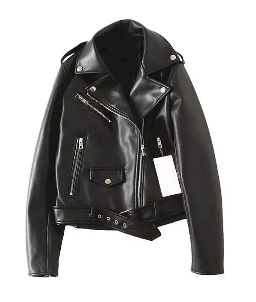 Lush Gear women's black leather jacket with zippered pockets and belted waist