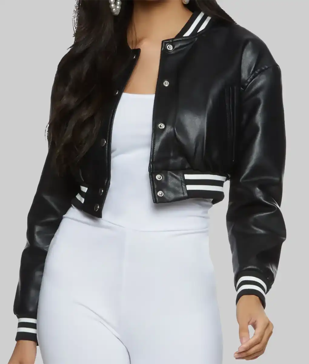 Lush Gear women's black leather varsity jacket with striped cuffs and collar