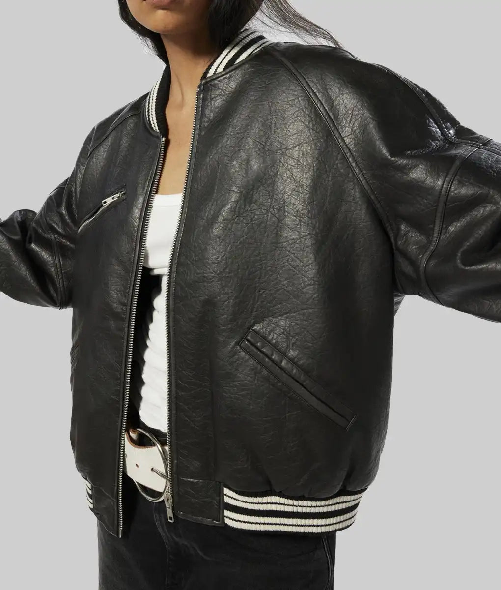 Lush Gear women's black leather varsity jacket with white striped collar and cuffs
